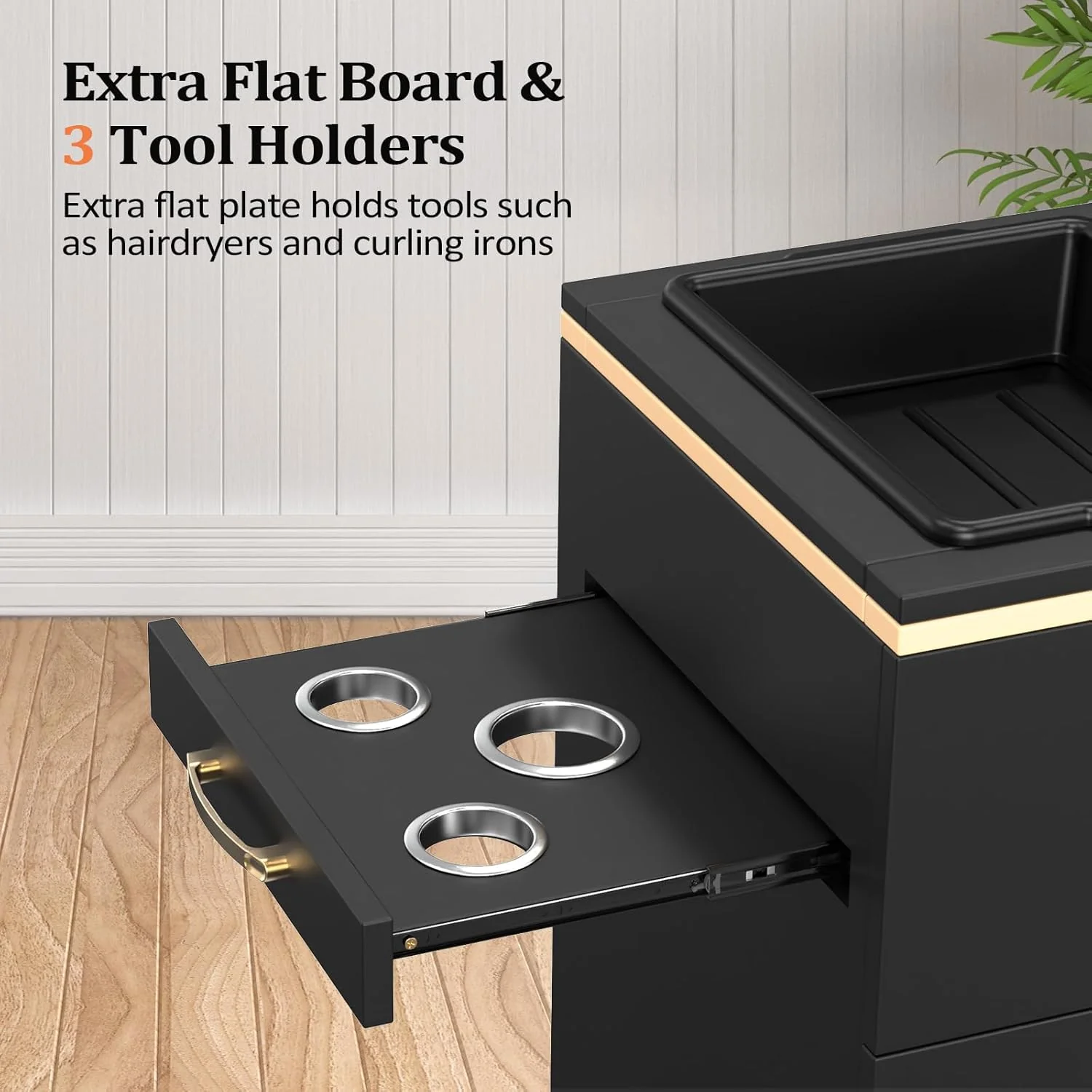 OmySalon Salon Opbevaringsstation – Frisørskab med 3 skuffer, opbevaringsrum og 3 hårtørrerholdere – Hvidguld