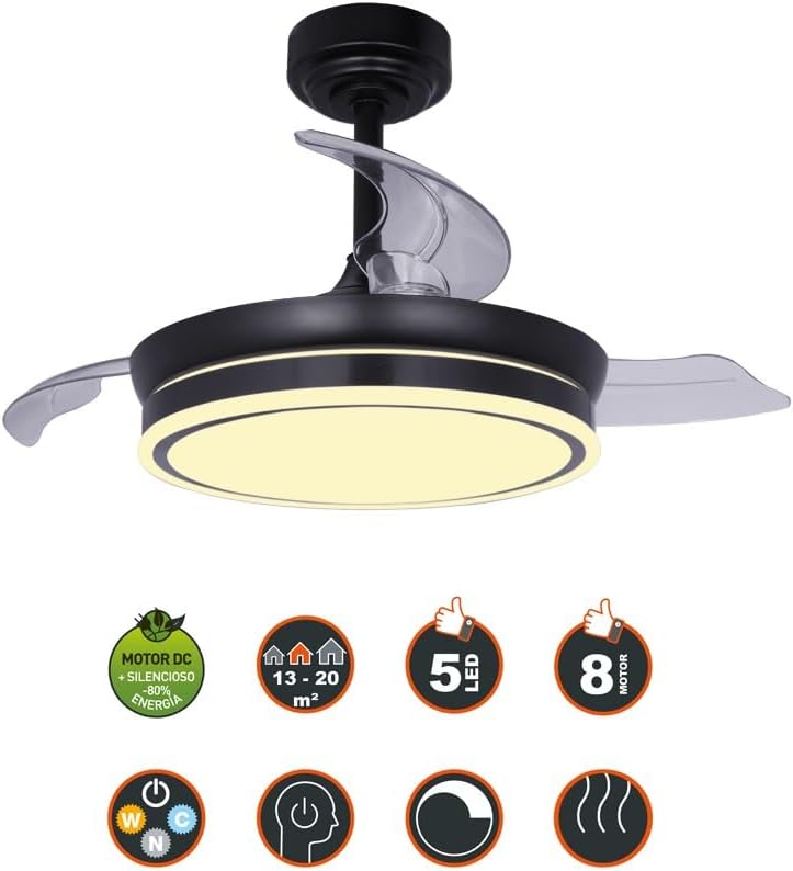 Wonderlamp – Mini ventilateur de plafond LED Pearl avec pales rétractables, moteur CC silencieux, 3 températures de couleur réglables, 46 W, blanc