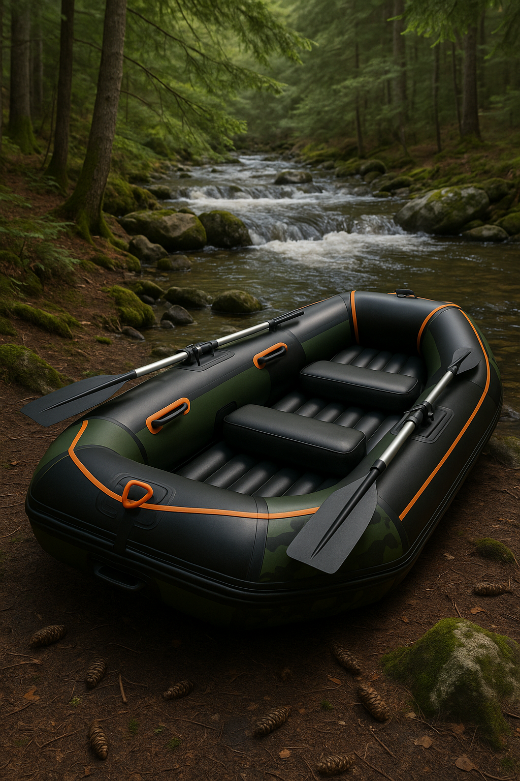 Bateau gonflable vert et noir en PVC, idéal pour la rivière et la pêche, dimensions : 291 x 127 x 46 cm, référence : cngDTCD513AI