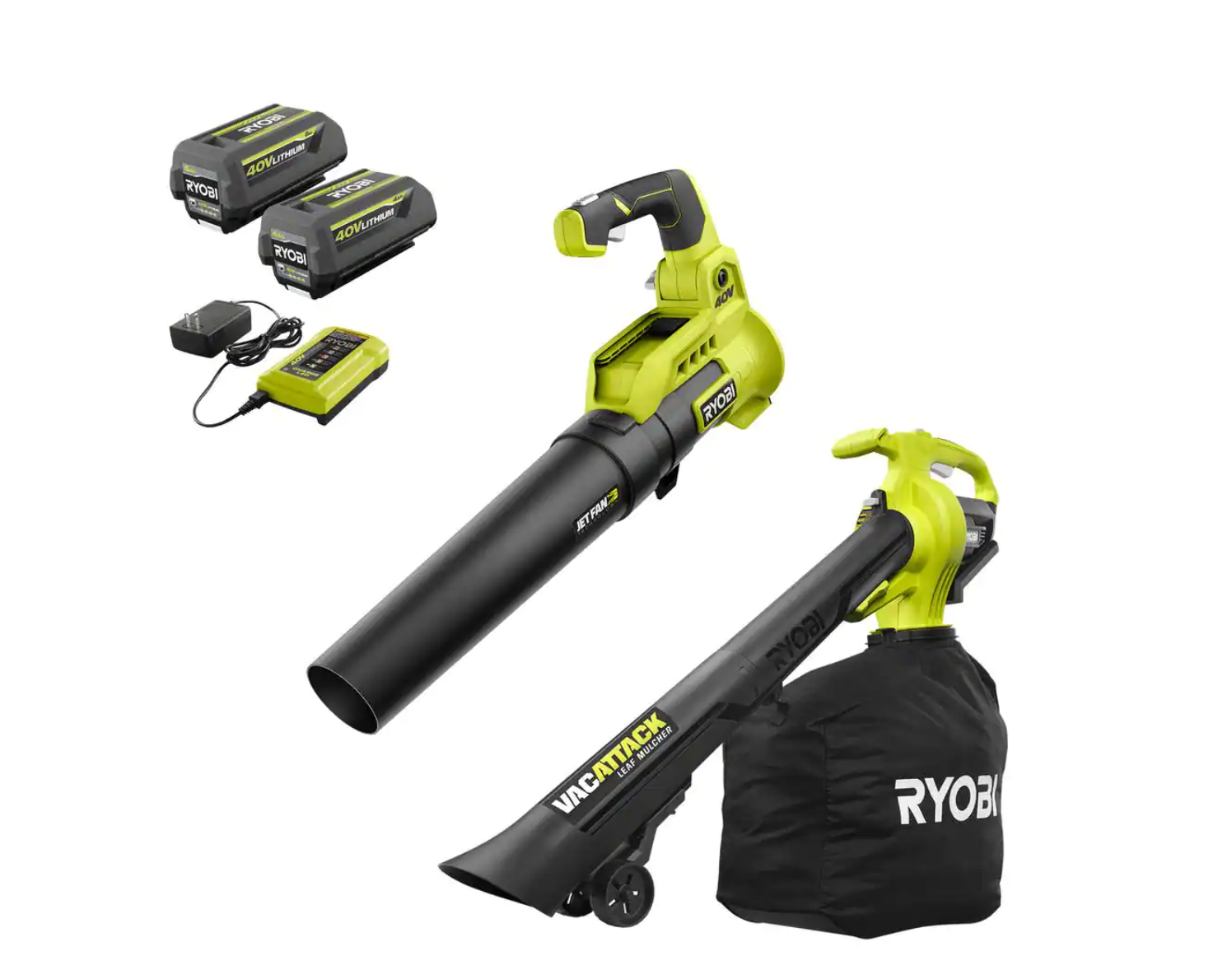 2025 RYOBI RY40451BL Akku-løvblæser og støvsuger 40V 110 MPH 525 CFM med 2 batterier og 2 opladere