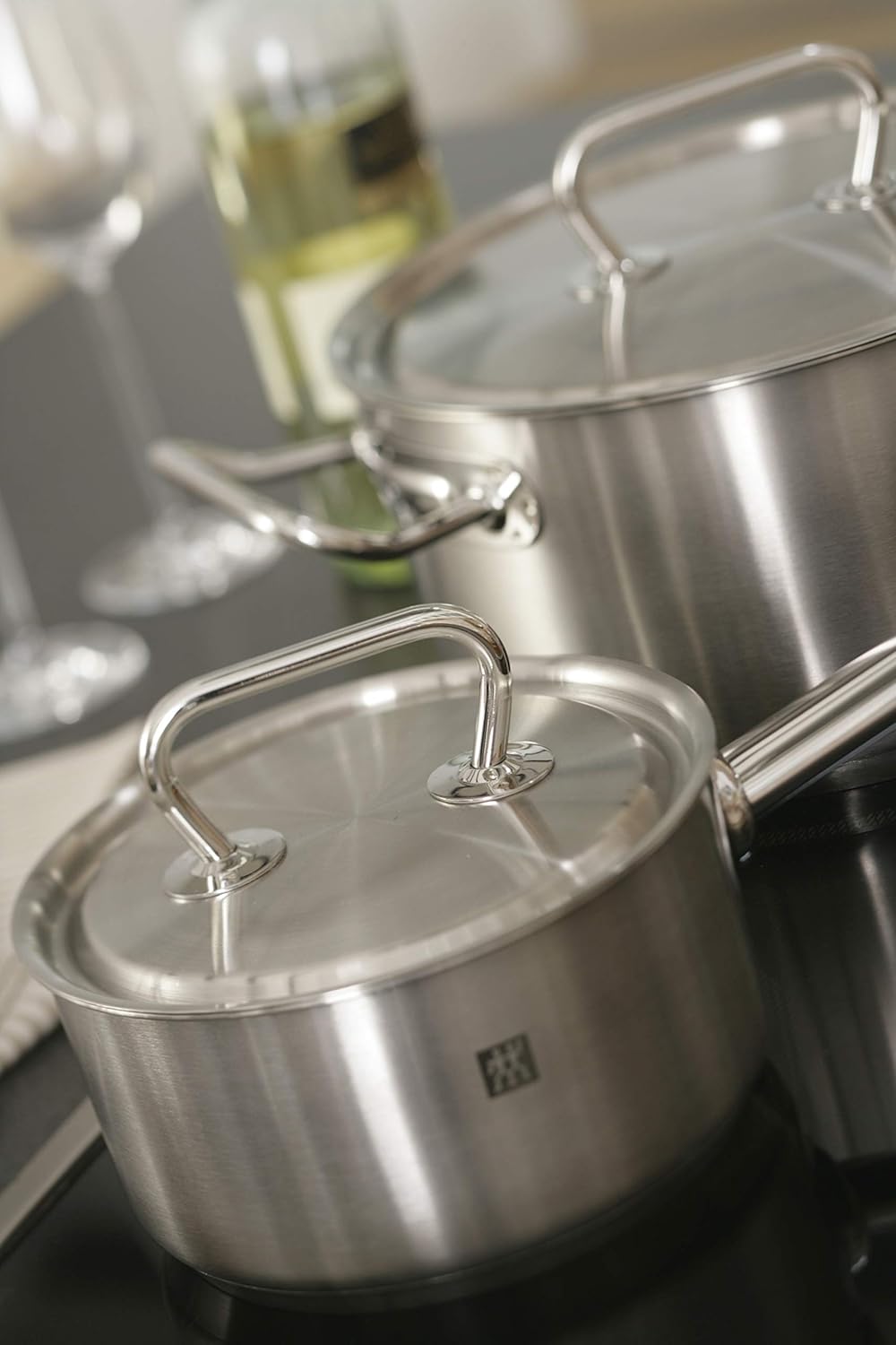 ZWILLING 5-delt køkkengrejsæt, 4 låg, egnet til induktion, rustfrit stål, passion, lys grå, diameter 16 cm, diameter 20 cm, diameter 24 cm, diameter 28 cm