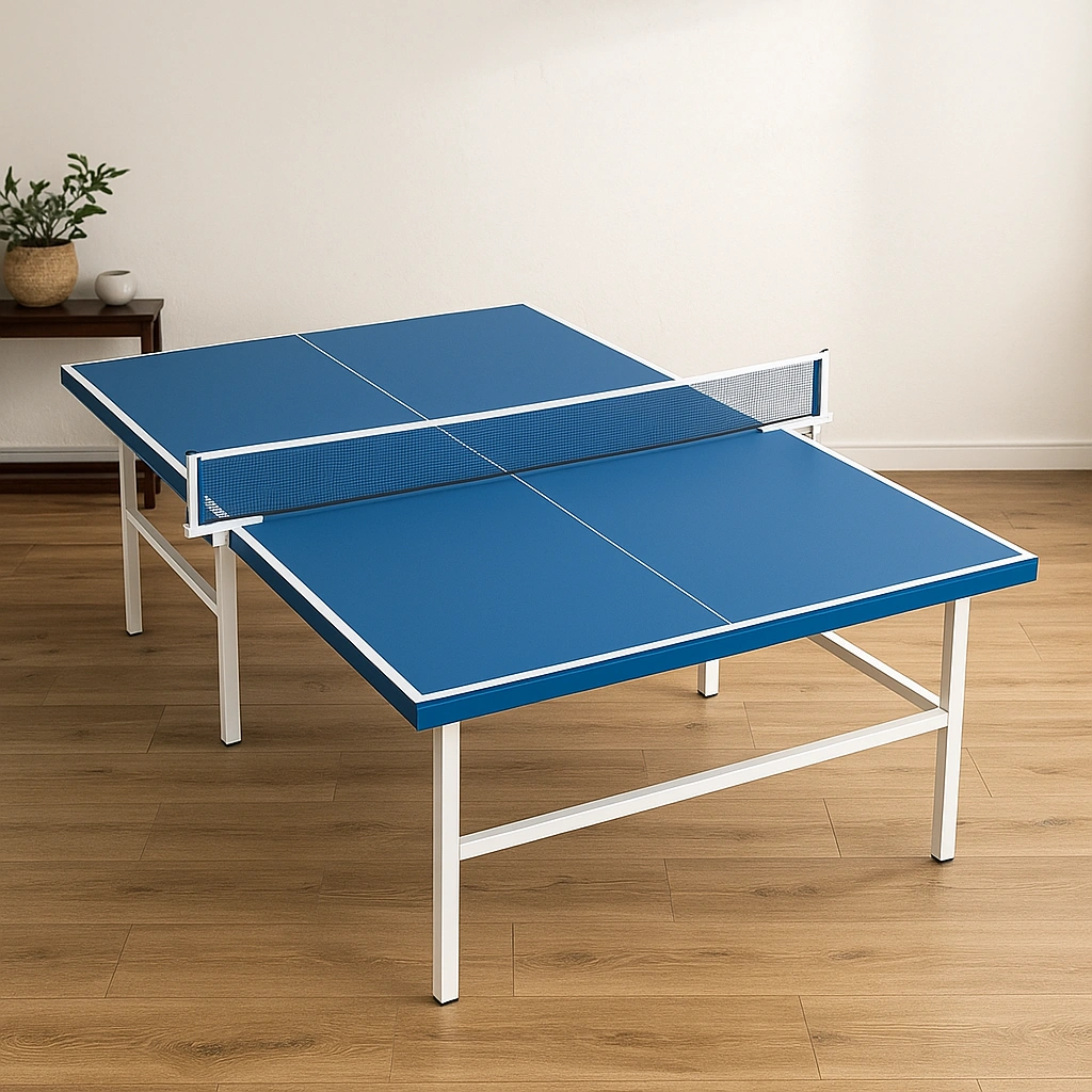Table de ping-pong bleue avec cadre en métal blanc pour une utilisation intérieure et extérieure, 274 x 152,5 x 76 cm