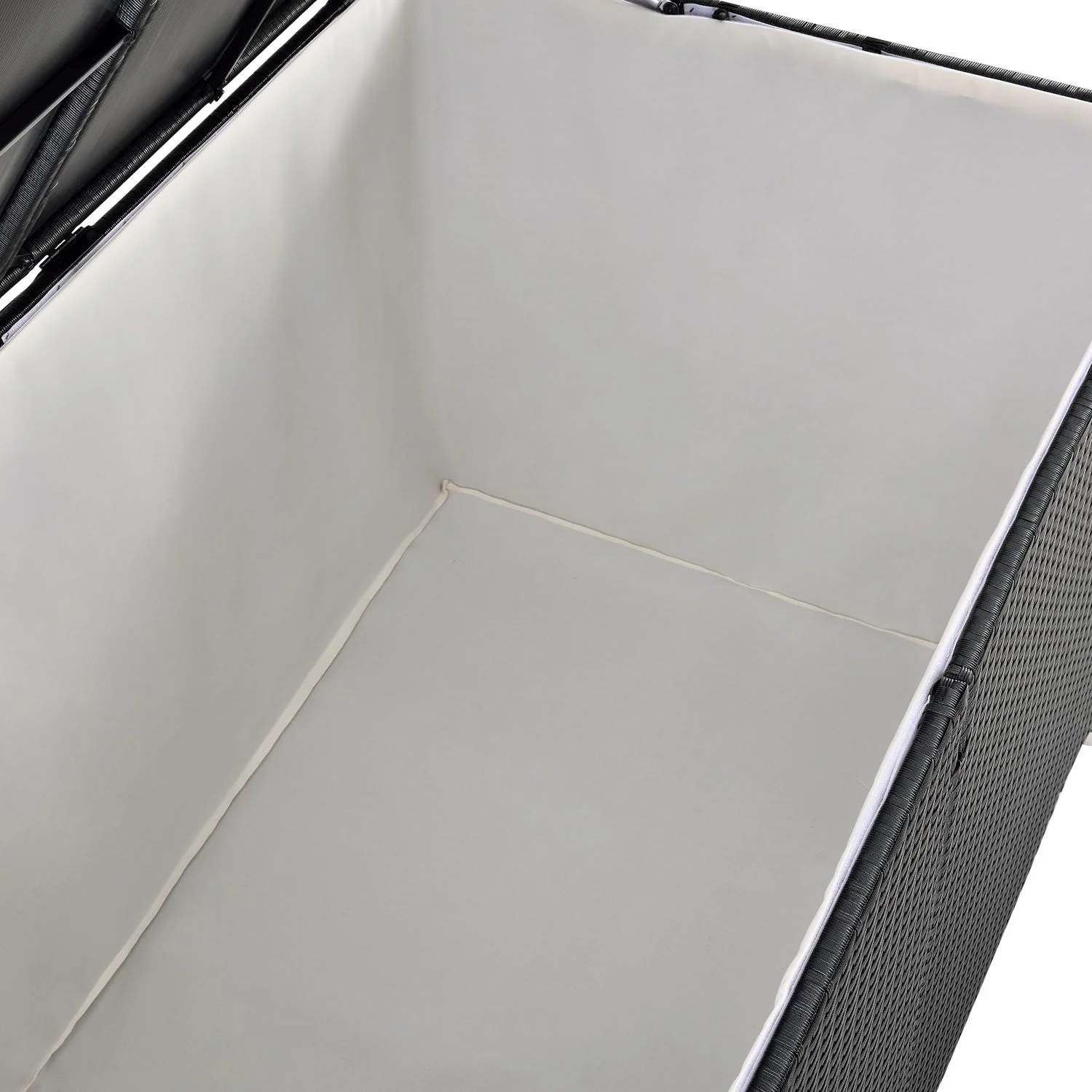 Coffre de rangement de jardin Ikaria 2025 en résine tissée – 950 L avec couvercle et doublure intérieure pour coussins