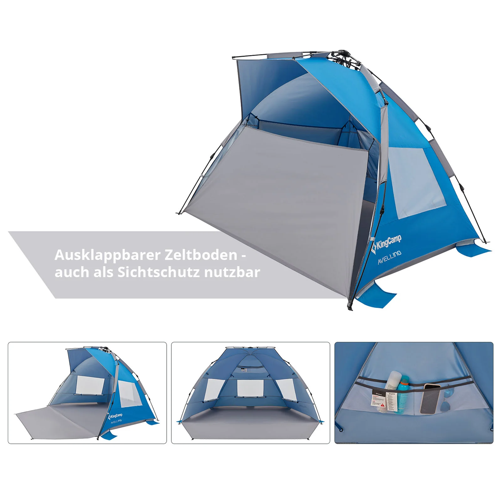 2025 KingCamp Avellino – Automatisches Strandzelt mit UPF50+ Sonnenschutz, Wind- und Sichtschutz, hydraulischer Konstruktion, Sandsäcken und Moskitonetzen an den Fenstern