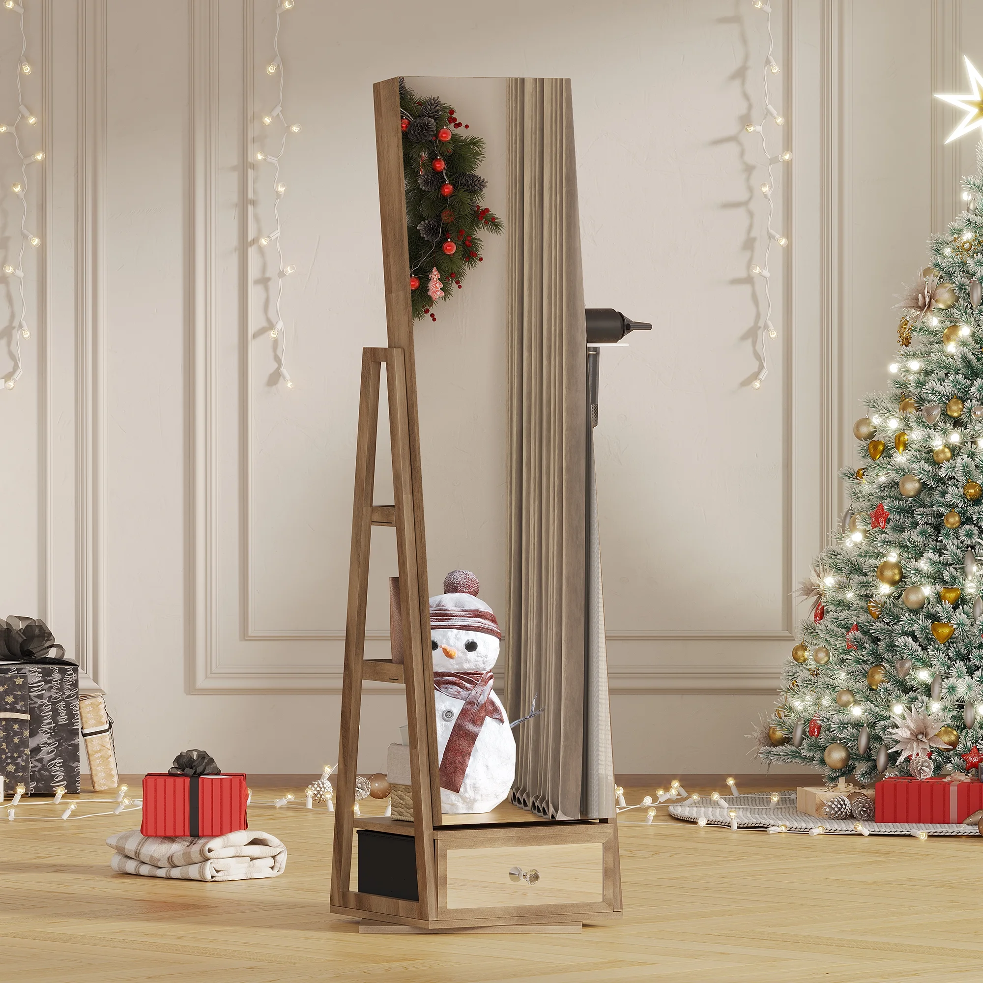 360° roterende smykkeskrin med spejl, LED-lys og lås – brun