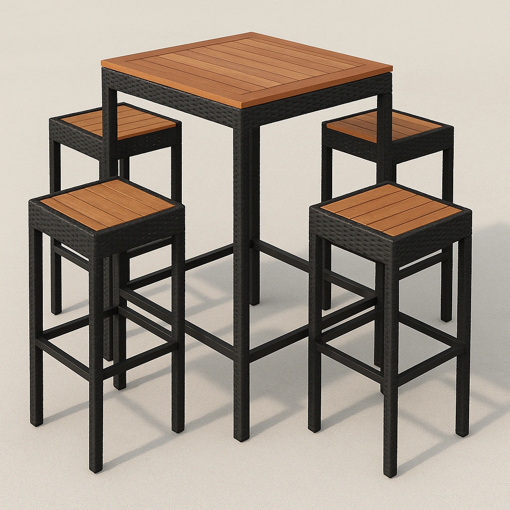Ensemble table et tabourets de bar en rotin synthétique noir pour jardin