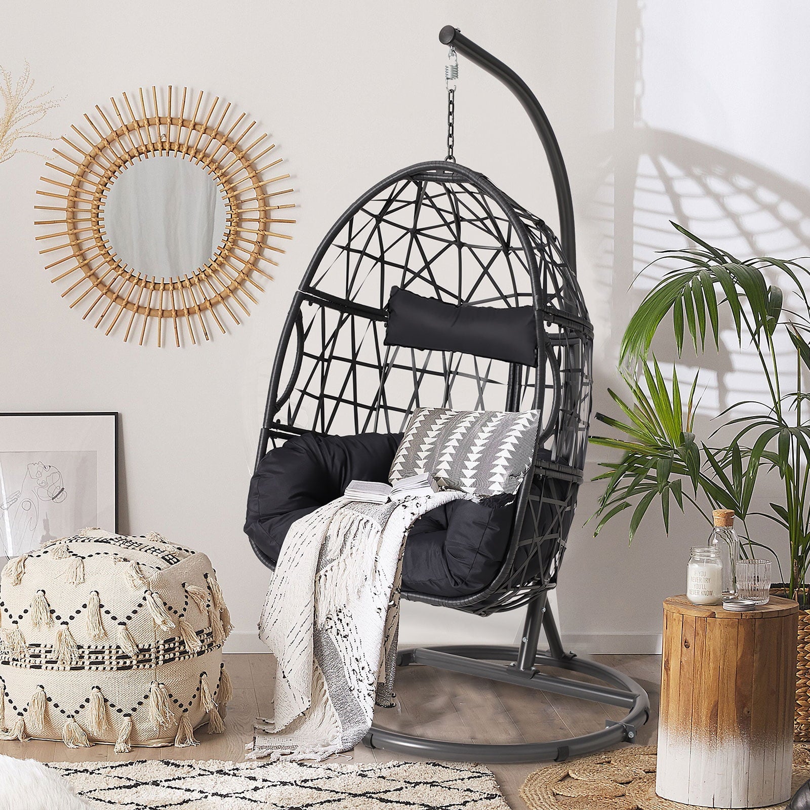 Haverchair ægformet hængestol med stativ til udendørs terrasse, flet og hynde