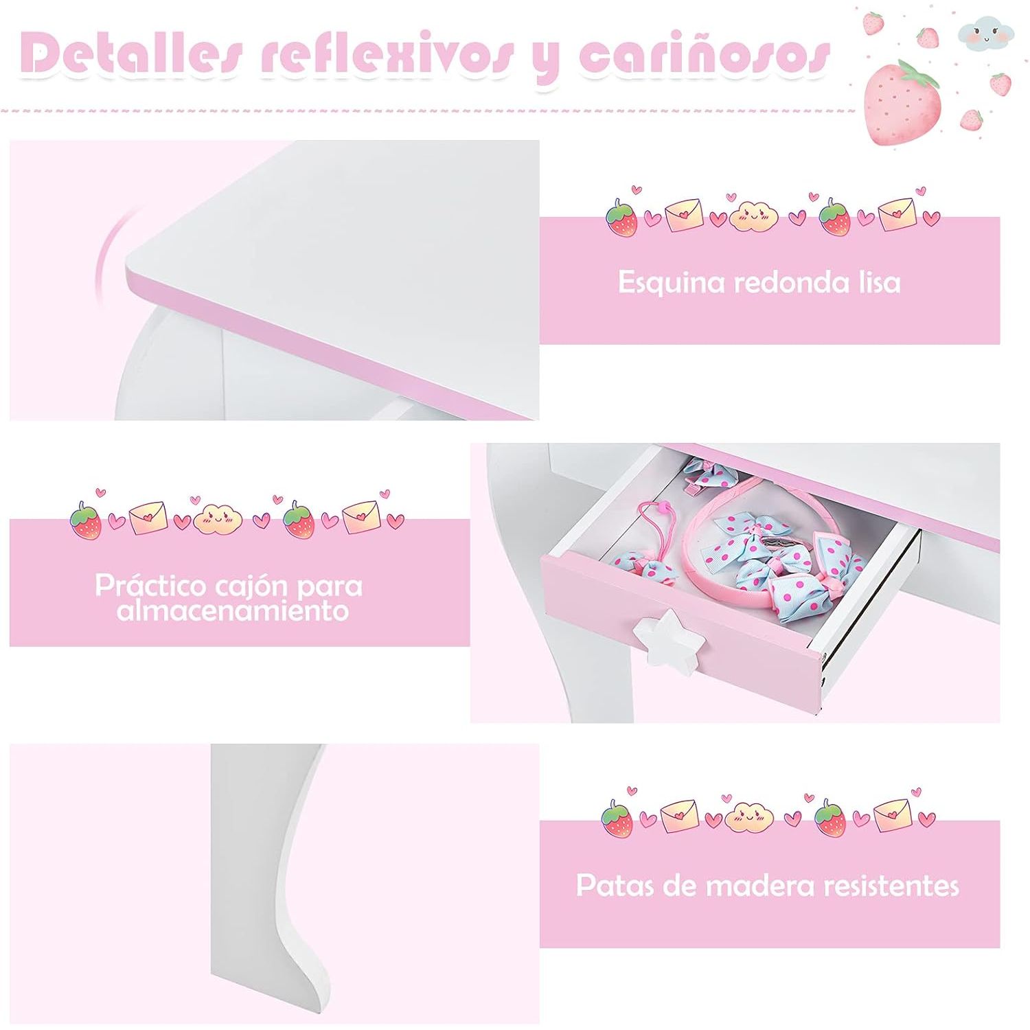 Kinderschminktisch mit Hocker und Spiegel, Costway Schminktisch 49 x 34 x 90 cm