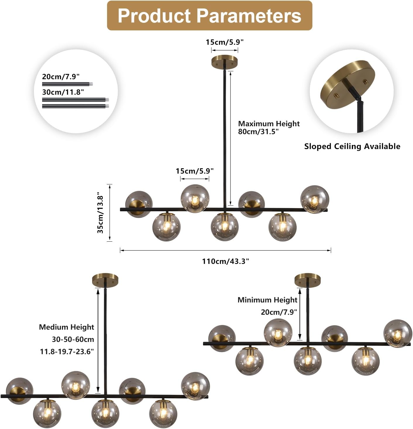 Moderne Esszimmerleuchte von KCO Lighting aus goldfarbenem Metall, Kücheninsel-Pendelleuchte aus weißem Glas, 7-flammig, E27, 80 cm höhenverstellbar