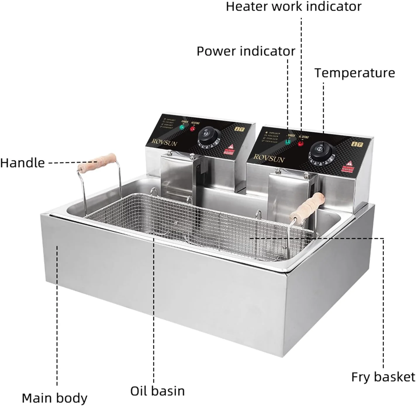 Friteuse électrique ROVSUN de 23,8 litres avec grand panier unique et couvercle. Température réglable. Friteuse professionnelle en acier inoxydable pour frites, rondelles d'oignon et dinde. 5 000 W.