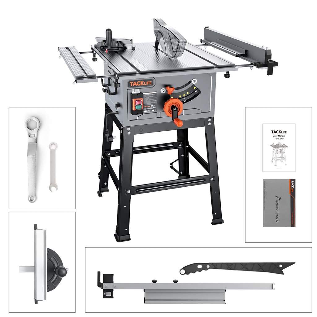 2025 TACKLIFE 10-Zoll-Tischkreissäge. 15-Ampere-Motor. 24-Zahn-Sägeblatt. 4800 U/min. 45°-Gehrungsschnitt. Modell MTS01A
