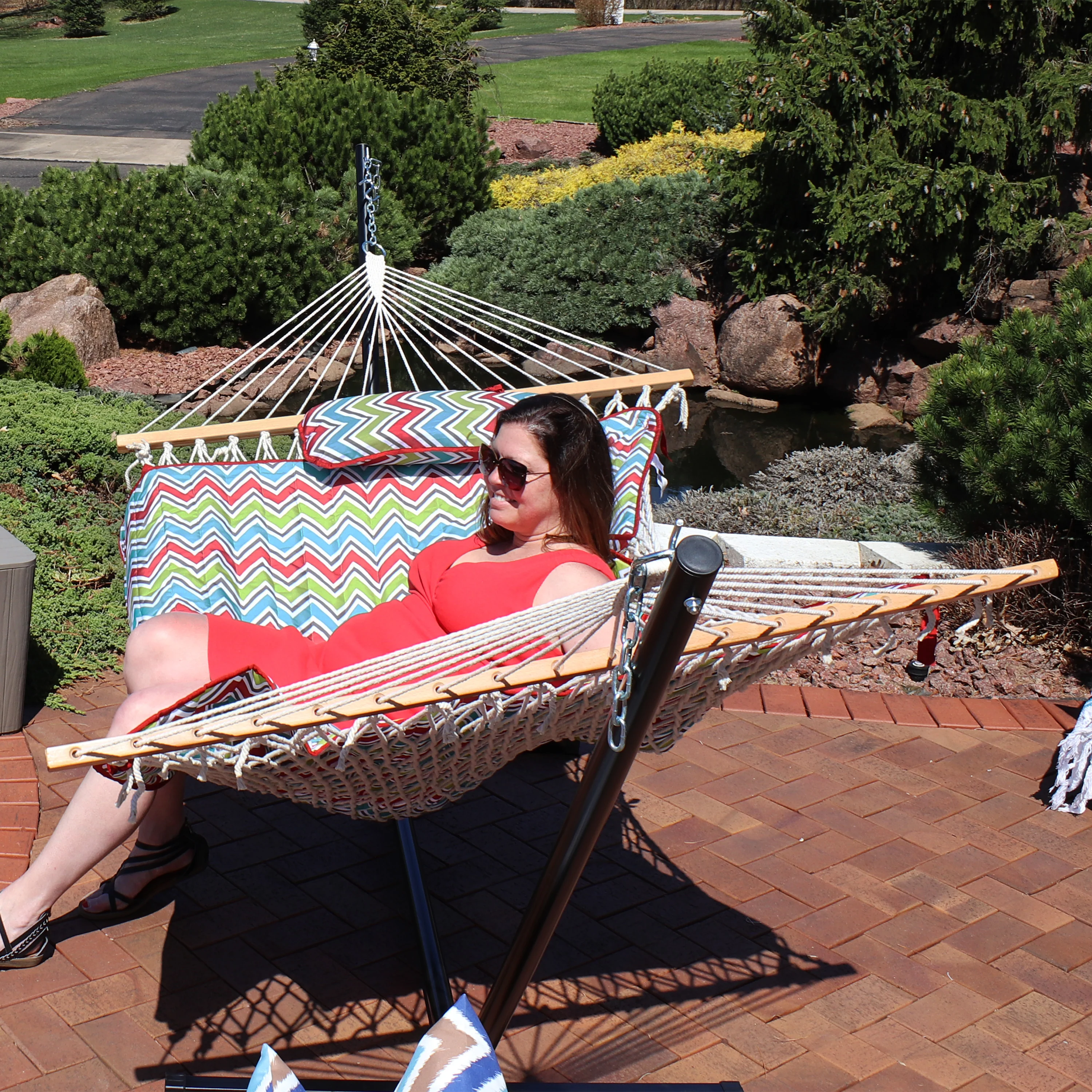 2025 Sunnydaze 12' rebhængekøje med stålstativ, madras og pude