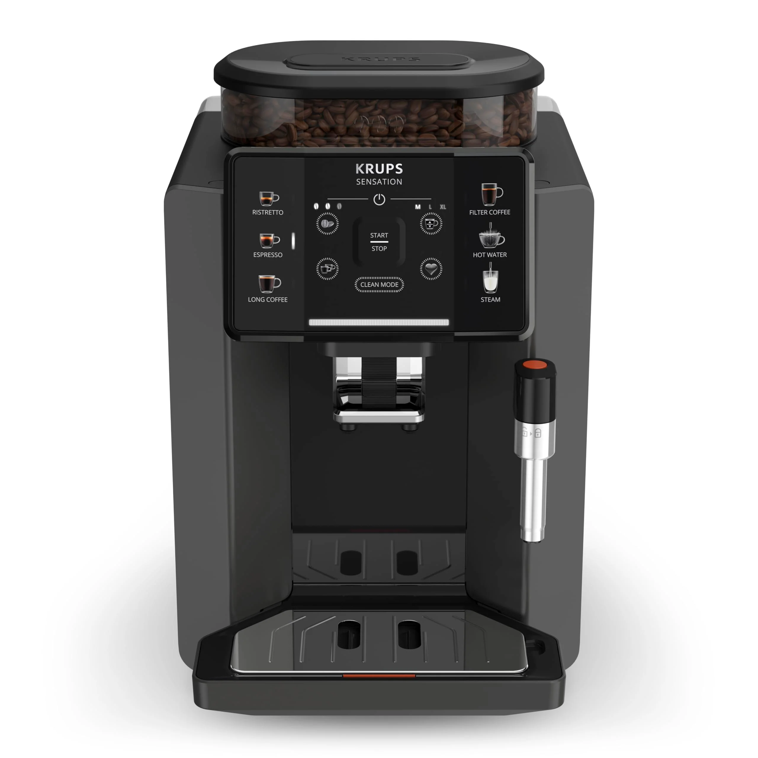 2025 Krups Essential - Superautomatisk Kaffemaskine. 15 bar tryk. Konisk metalkværn. Med valgbar mængde og styrke af kaffe. 1,7 l. 1 kop. Rustfrit stål. LCD-display + mælkekøler.