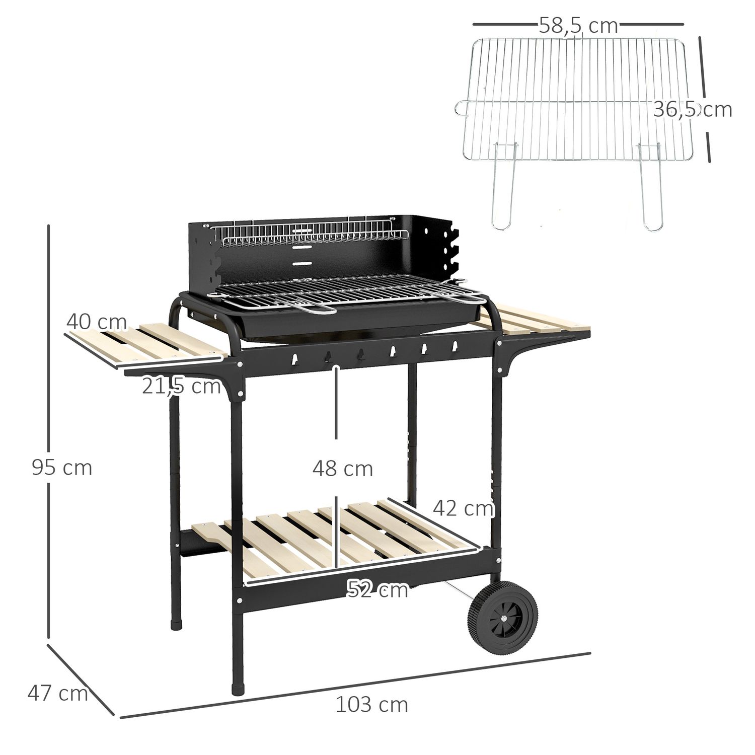 Outsunny Holzkohlegrill, Metall Kiefer, 103 x 47 x 95 cm, Schwarz