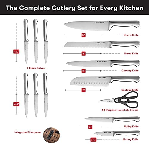 Hochwertiges 19-teiliges Küchenmesserset mit Holzblock | Master Maison Besteckset aus deutschem Edelstahl mit Messerschärfer und 8 Steakmessern