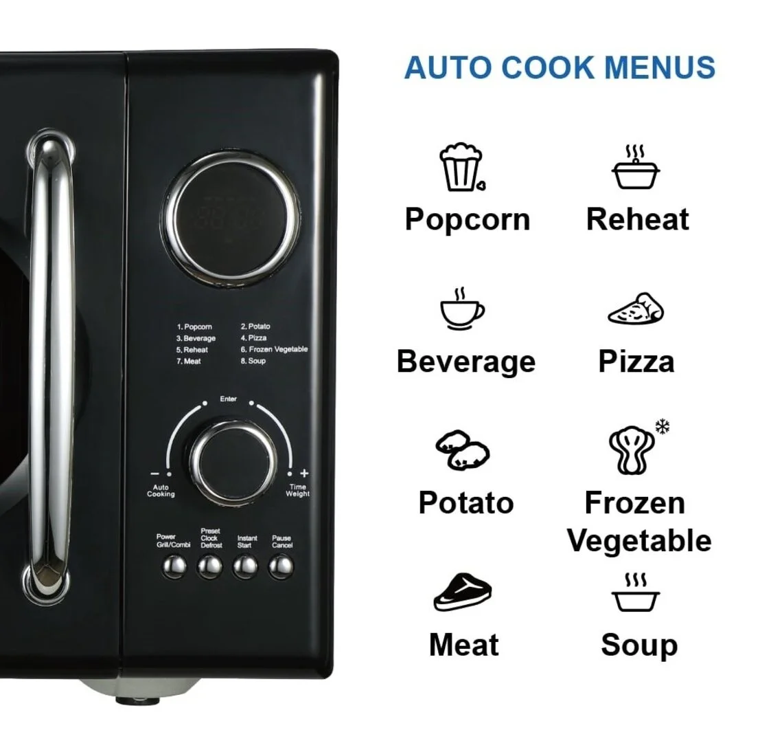 Micro-ondes rétro noir Emerson 2025, 0,9 pi³, 800 W, avec fonction grill. Modèle MWRG0901BK.