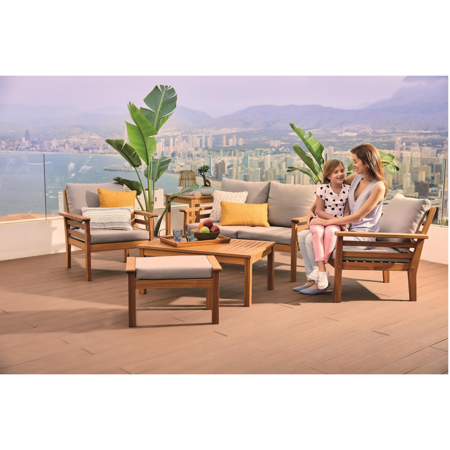 Bali Garten-Set: Tisch + Sofa + 2 Sessel + Beistelltisch + Hocker + Holztablett