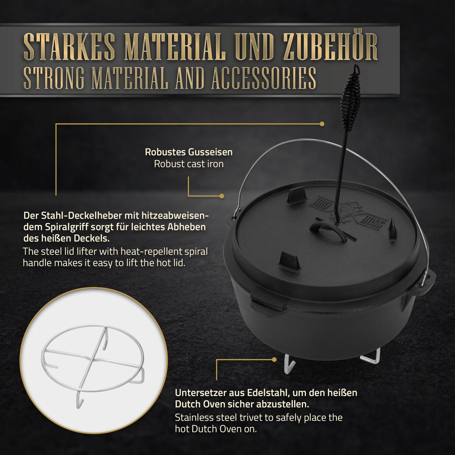 Ensemble de cocotte BBQ 13,6 L noir avec lève-couvercle et dessous de plat BBQ#boss