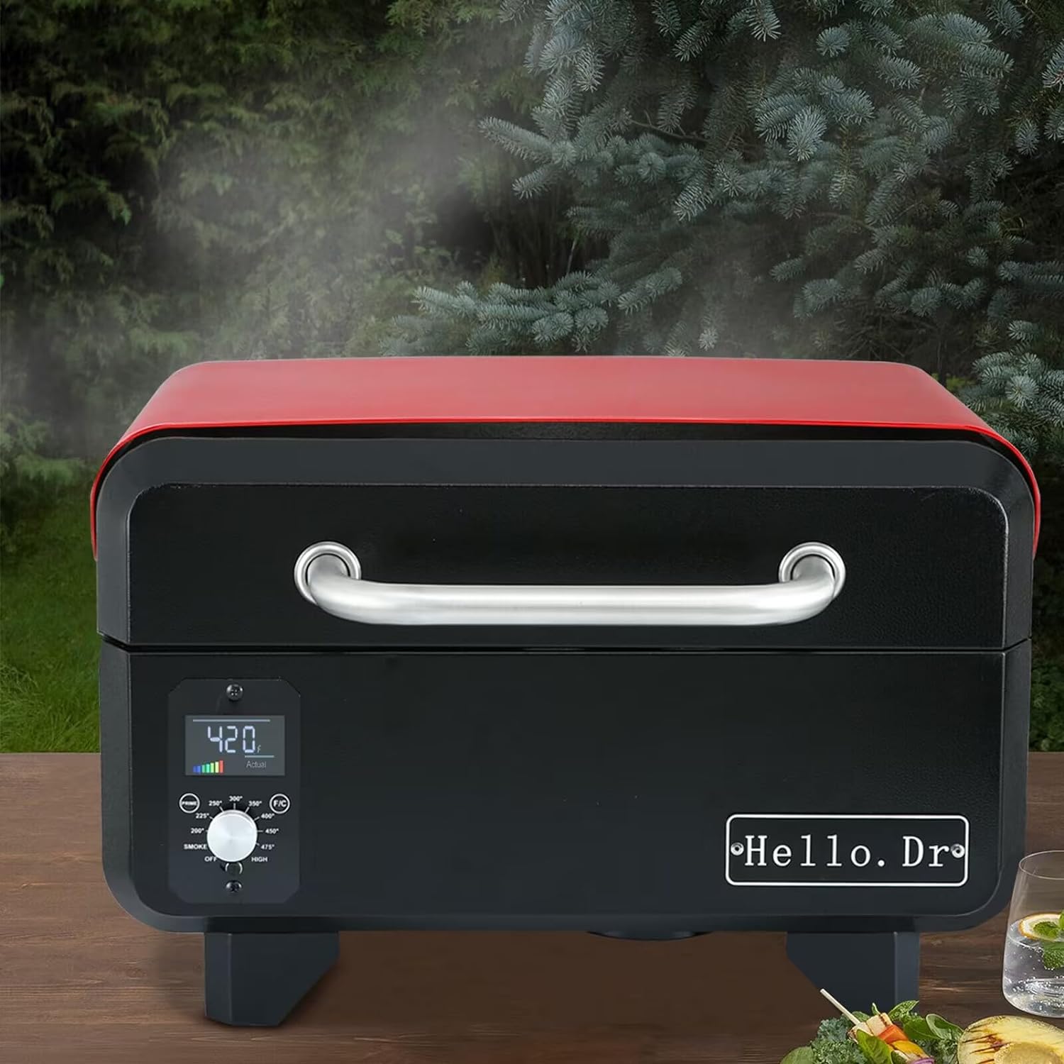 Tragbarer Pelletgrill und Smoker. 8-in-1-Elektrogrill für Wohnmobile, Picknicks und Outdoor-Küche. Mit intelligenter Temperaturregelung und Heißdampftechnologie.