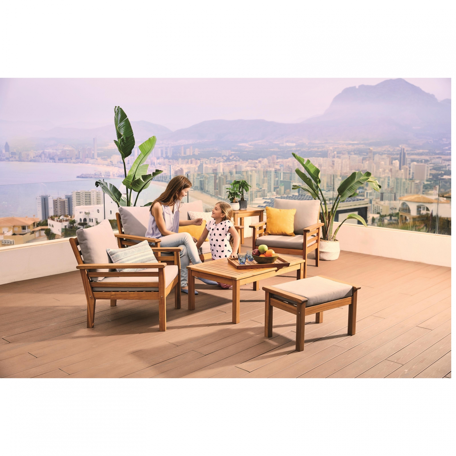 Bali Garten-Set: Tisch + Sofa + 2 Sessel + Beistelltisch + Hocker + Holztablett