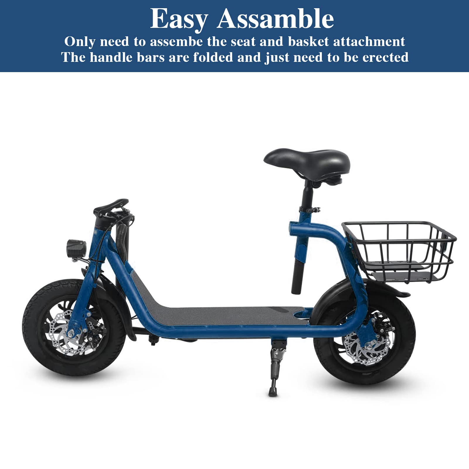 Sammenklappelig el-scooter til voksne med sæde. 450W børsteløs motor. 12-tommer terrængående dæk. 32 km rækkevidde. Let og bærbar.