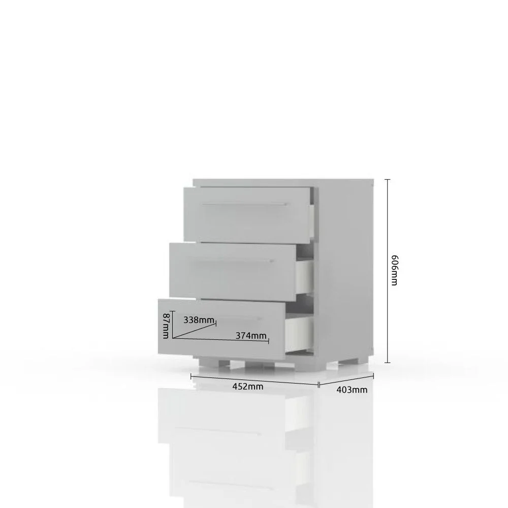 Hochglanzweißer Klaviernachttisch mit 3 Schubladen mit Soft-Close-Funktion, 45 cm breit