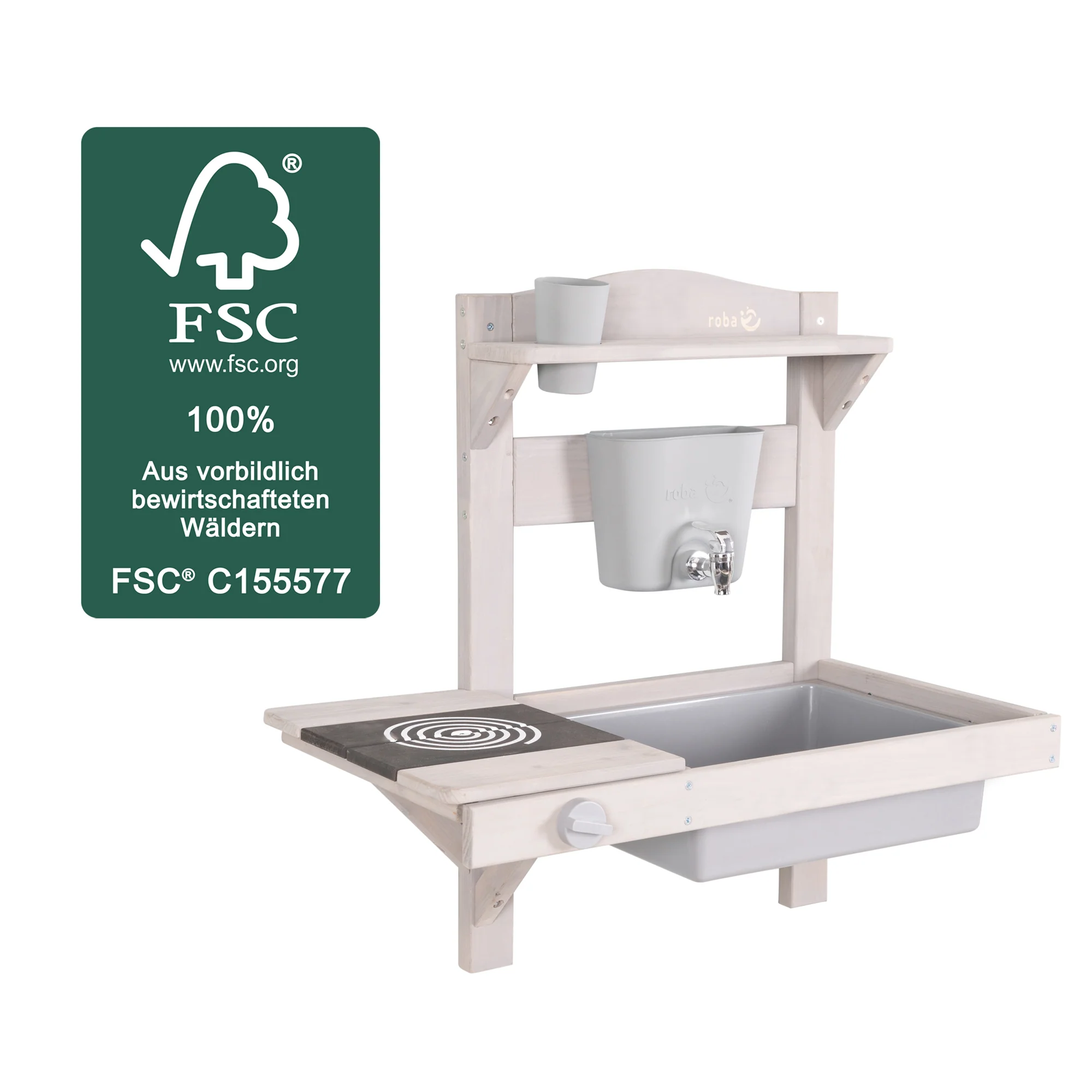 Hängende Spielküche und Tontopf mit Zubehör – FSC-zertifiziertes Holz – gravierte graue Oberfläche