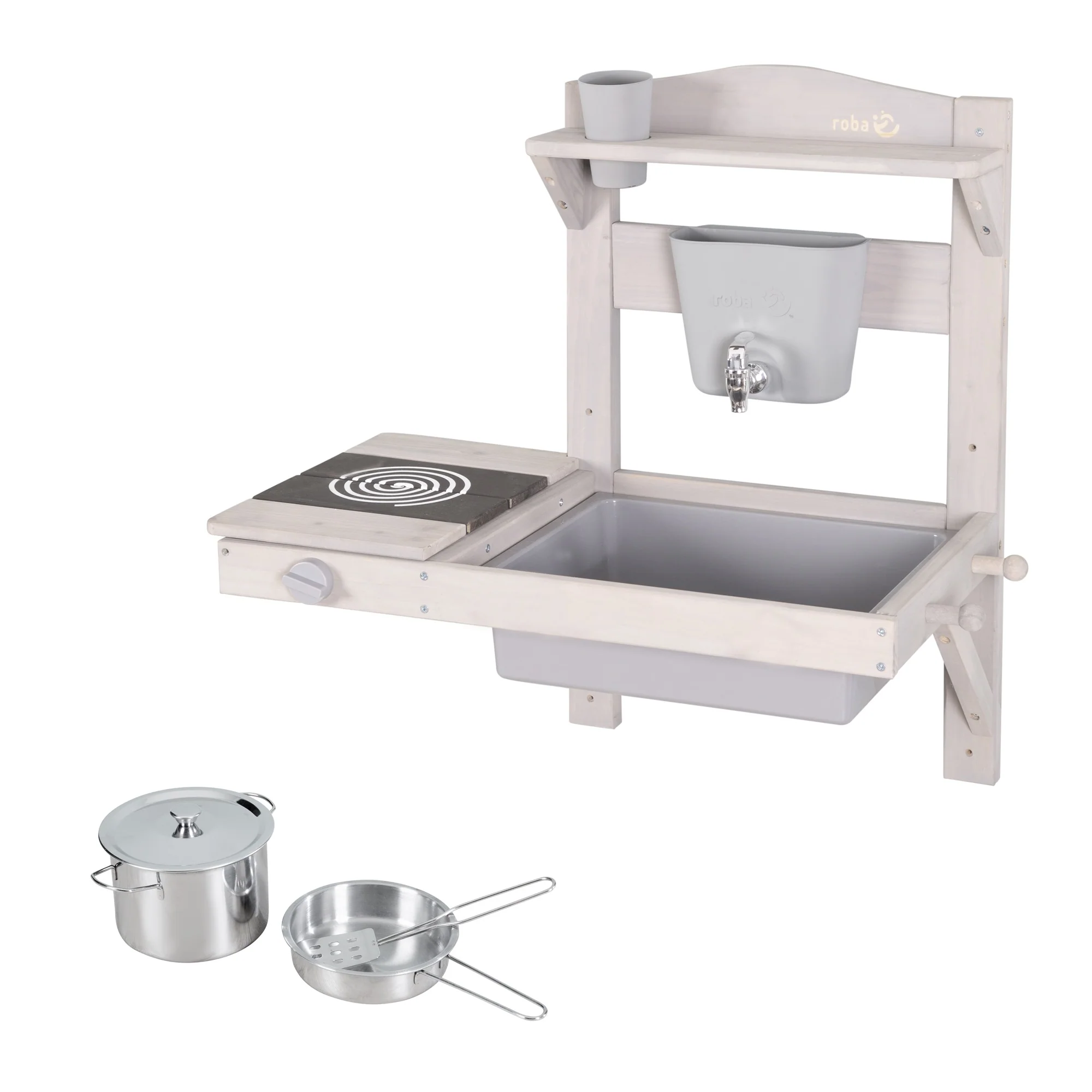 Hängende Spielküche und Tontopf mit Zubehör – FSC-zertifiziertes Holz – gravierte graue Oberfläche