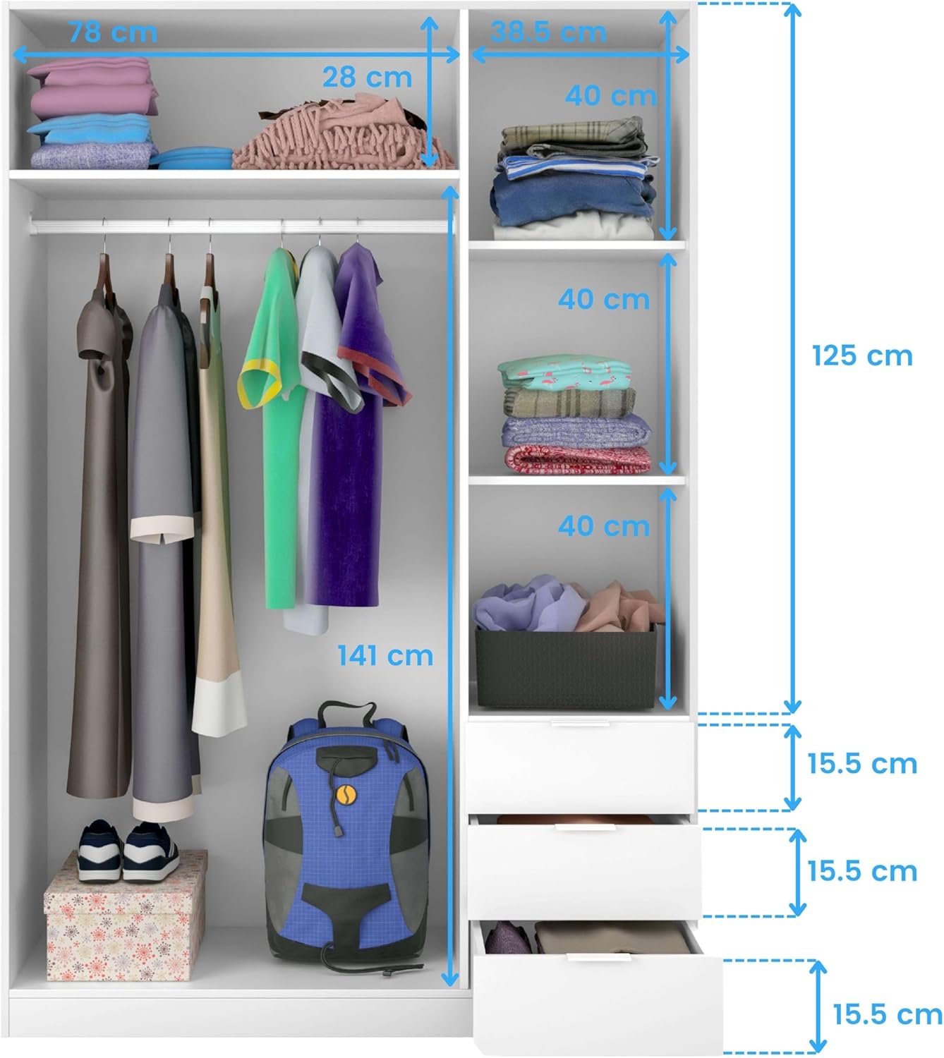 Habitdesign Kleiderschrank mit drei Türen und drei Schubladen, Ausführung: Arctic White, Maße: 121 cm (B) x 180 cm (H) x 52 cm (T)
