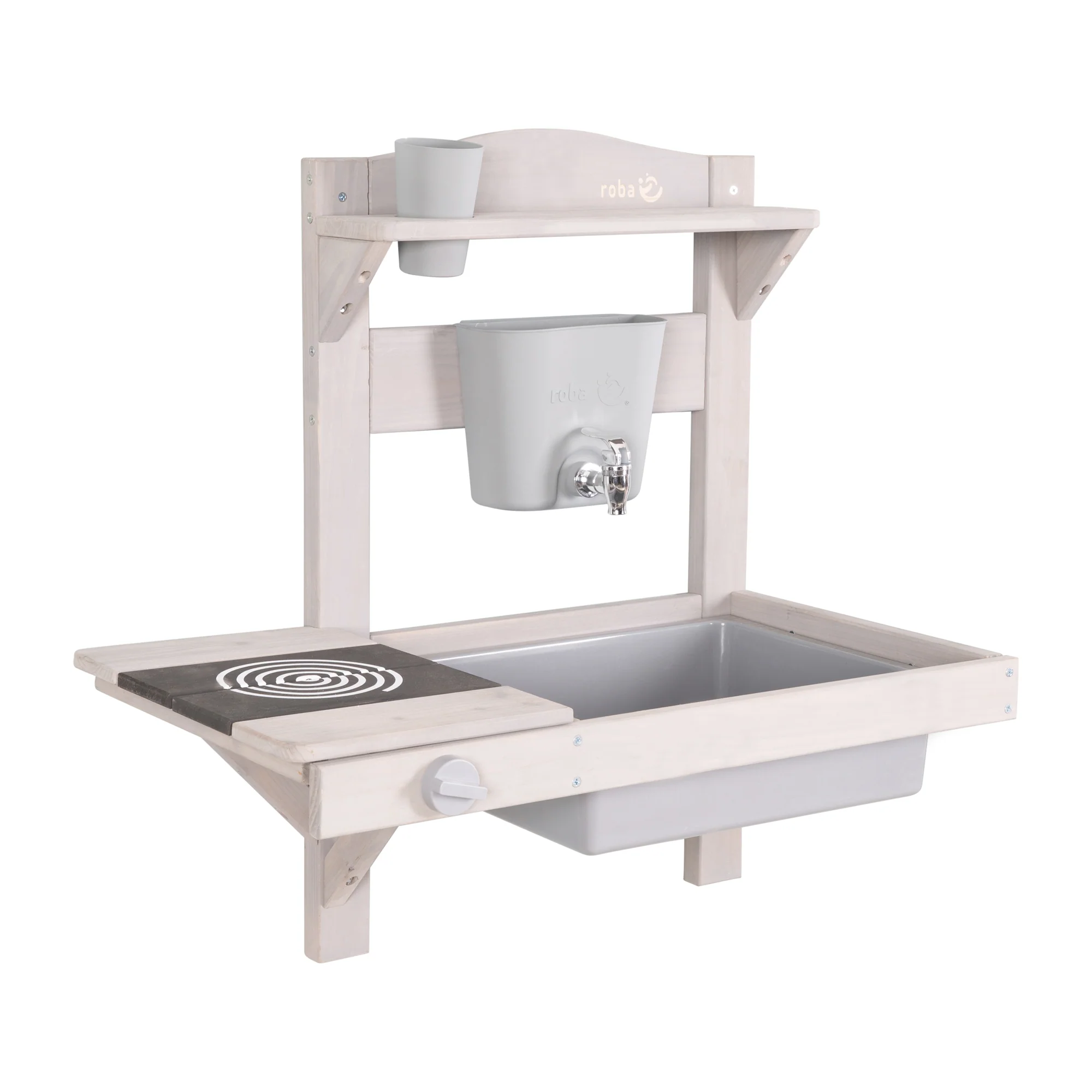 Hängende Spielküche und Tontopf mit Zubehör – FSC-zertifiziertes Holz – gravierte graue Oberfläche