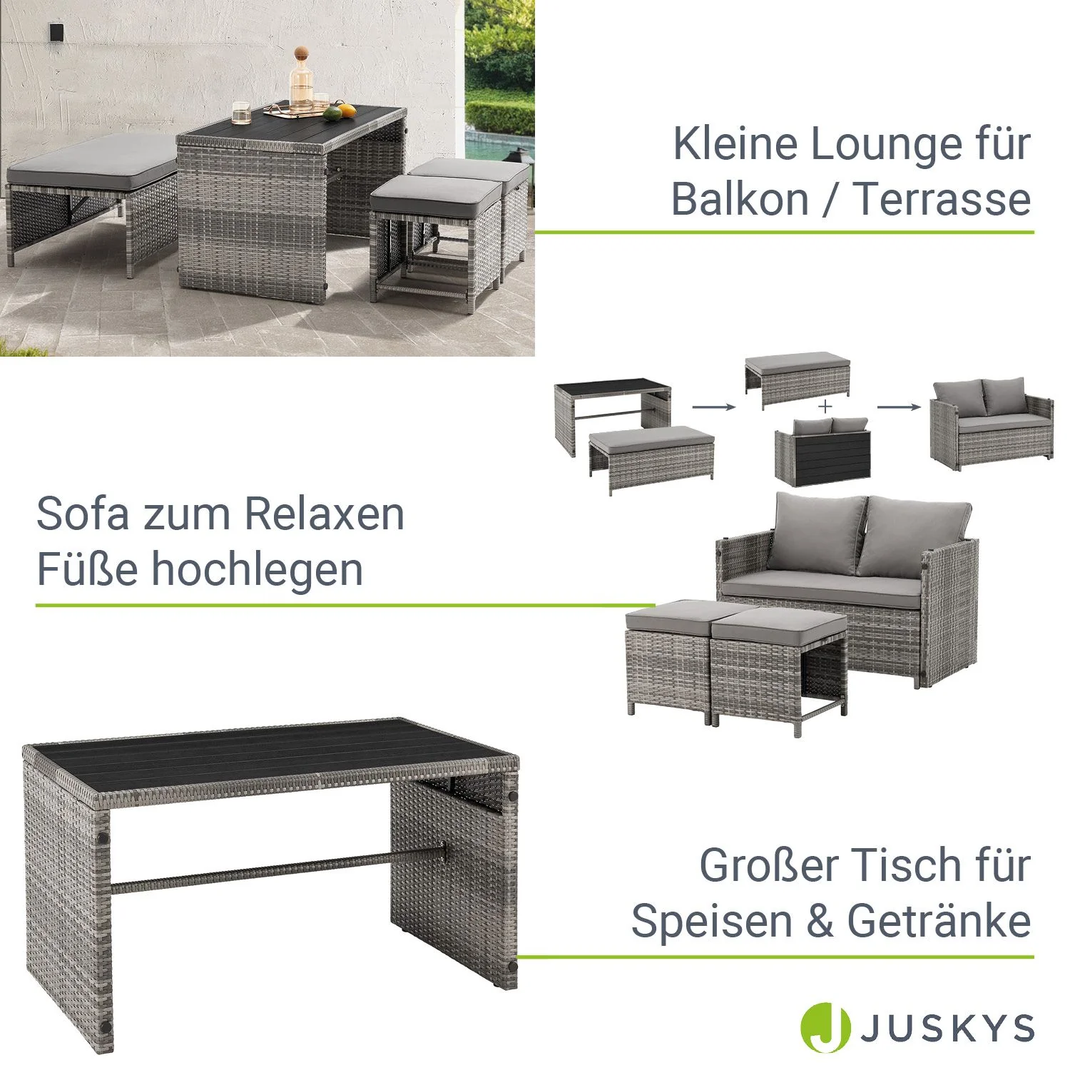 Ensemble de jardin Jamaika 2-en-1 en rotin synthétique 2025 – Modulaire, compact et élégant