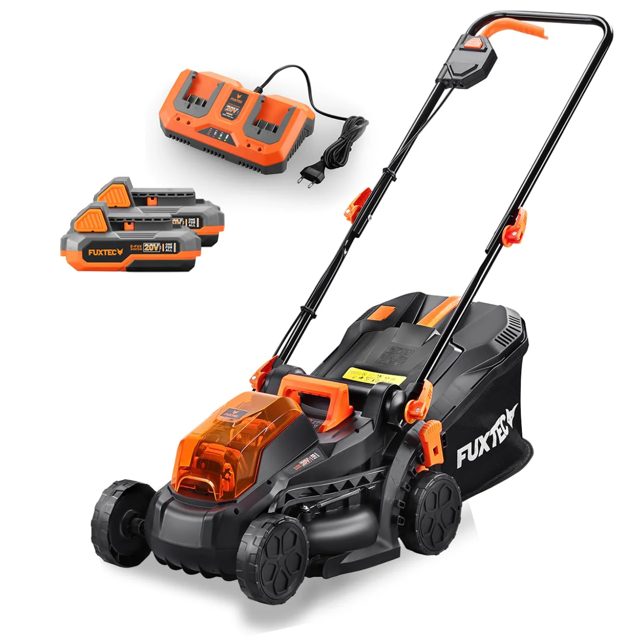 2025 FUXTEC 40V (2x20V) E1RM20 Akku-plæneklipper med 2 x 20V 2Ah Li-Ion-batterier og dobbeltoplader – Klippebredde 33 cm, variabel klippehøjde