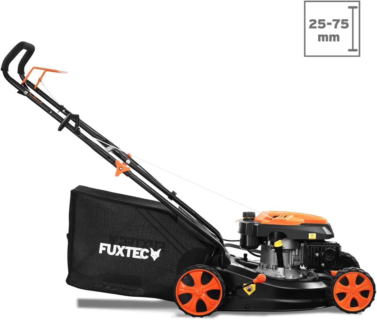 Tondeuse à gazon à essence FUXTEC FX-RM4646ECO, largeur de coupe de 46 cm, puissant moteur à essence de 146 cm³, nettoyage facile, 3 en 1, 2,6 kW, bac de ramassage mulching de 50 l.