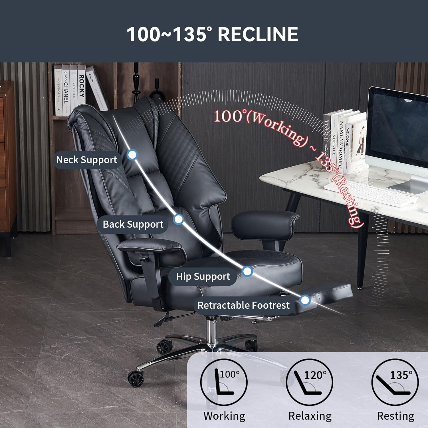 Hoher und breiter Bürostuhl für 181 kg, Chefsessel aus Leder mit hoher Rückenlehne und Fußstütze, ergonomischer Stuhl mit Lendenwirbelstütze zur Linderung von Rückenschmerzen (Beige)