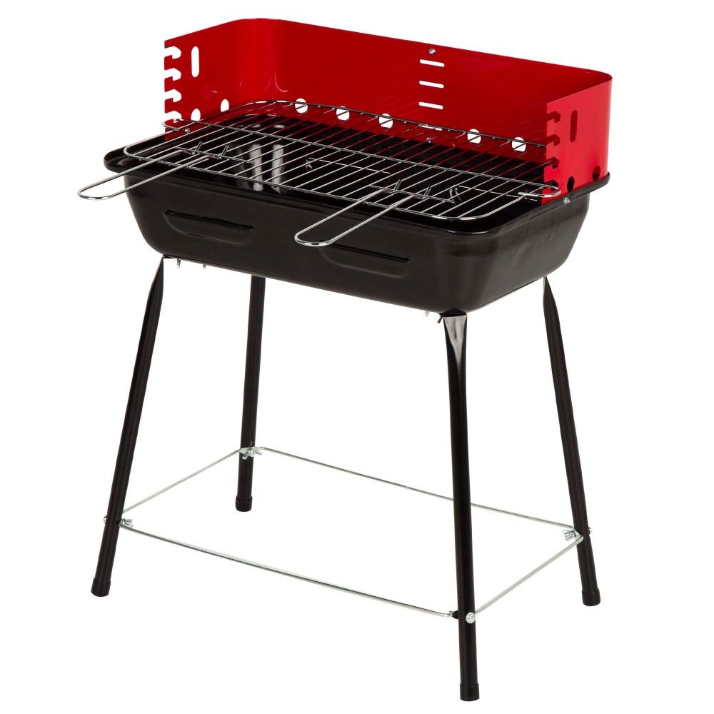 Tragbarer Holzkohlegrill mit Windschutz und höhenverstellbarem Grillrost, 42 x 42 x 54 cm – Stahl. Schwarz und Rot.