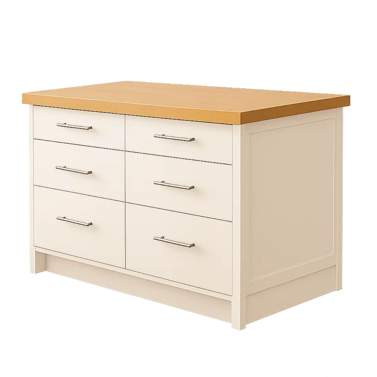 Îlot de cuisine rectangulaire avec tiroirs en MDF, coloris blanc ivoire, plan de travail effet chêne, pose libre, 120 x 60 x 90 cm, usage domestique - mYlhrmGyyDp7