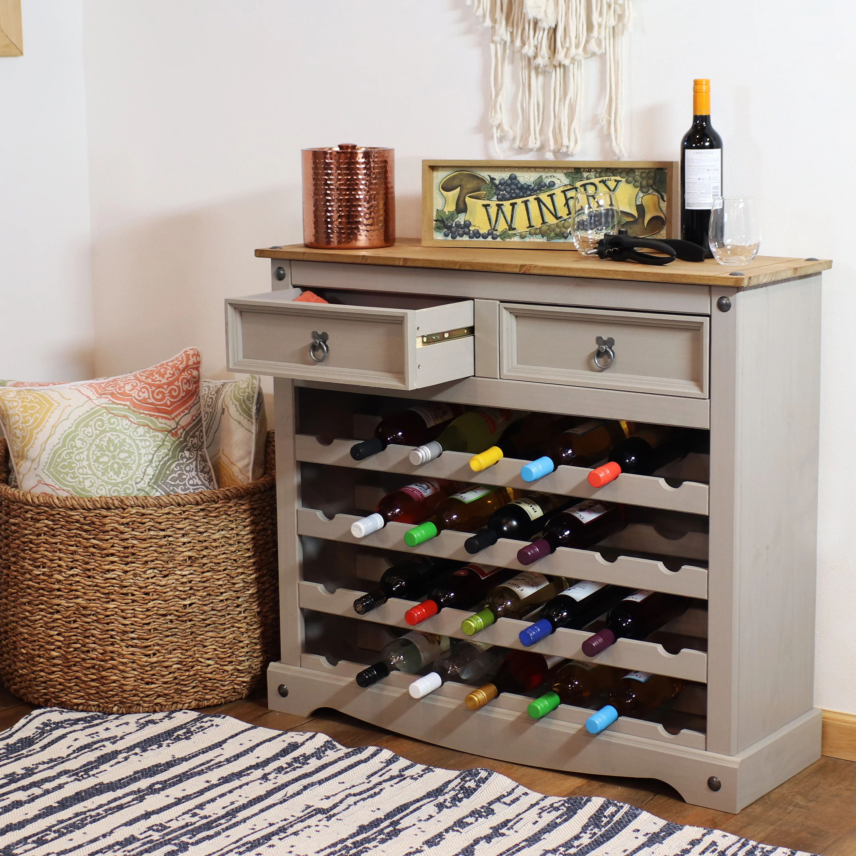 Table casier à vin Sunnydaze en pin massif, gris, 28 bouteilles, 88 cm (2025).