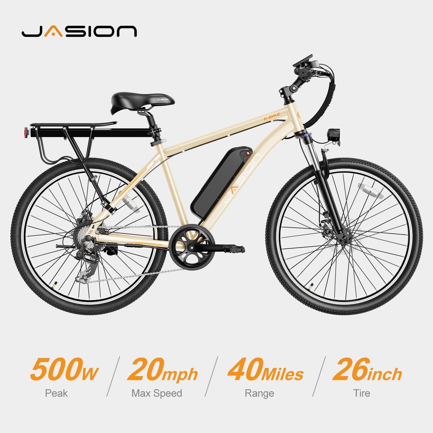 Vélo électrique Jasion EB5 pour adultes avec batterie amovible de 360 ​​Wh, 64 km, 32 km/h, VTT électrique de ville avec moteur de 350 W, 7 vitesses, pneus de 26 pouces et suspension avant.