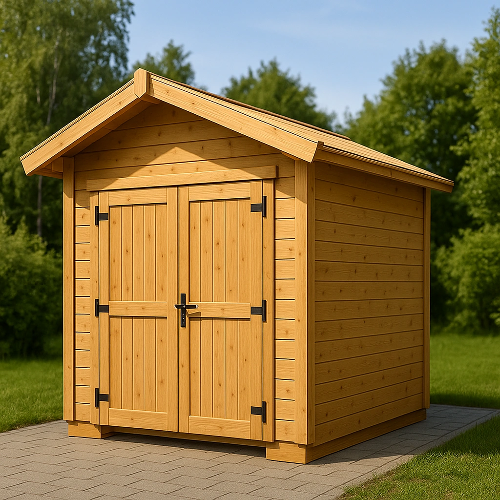 Abri de jardin en bois naturel avec double porte et toit à deux pans. Dimensions : 2 x 2,4 x 2,7 m.