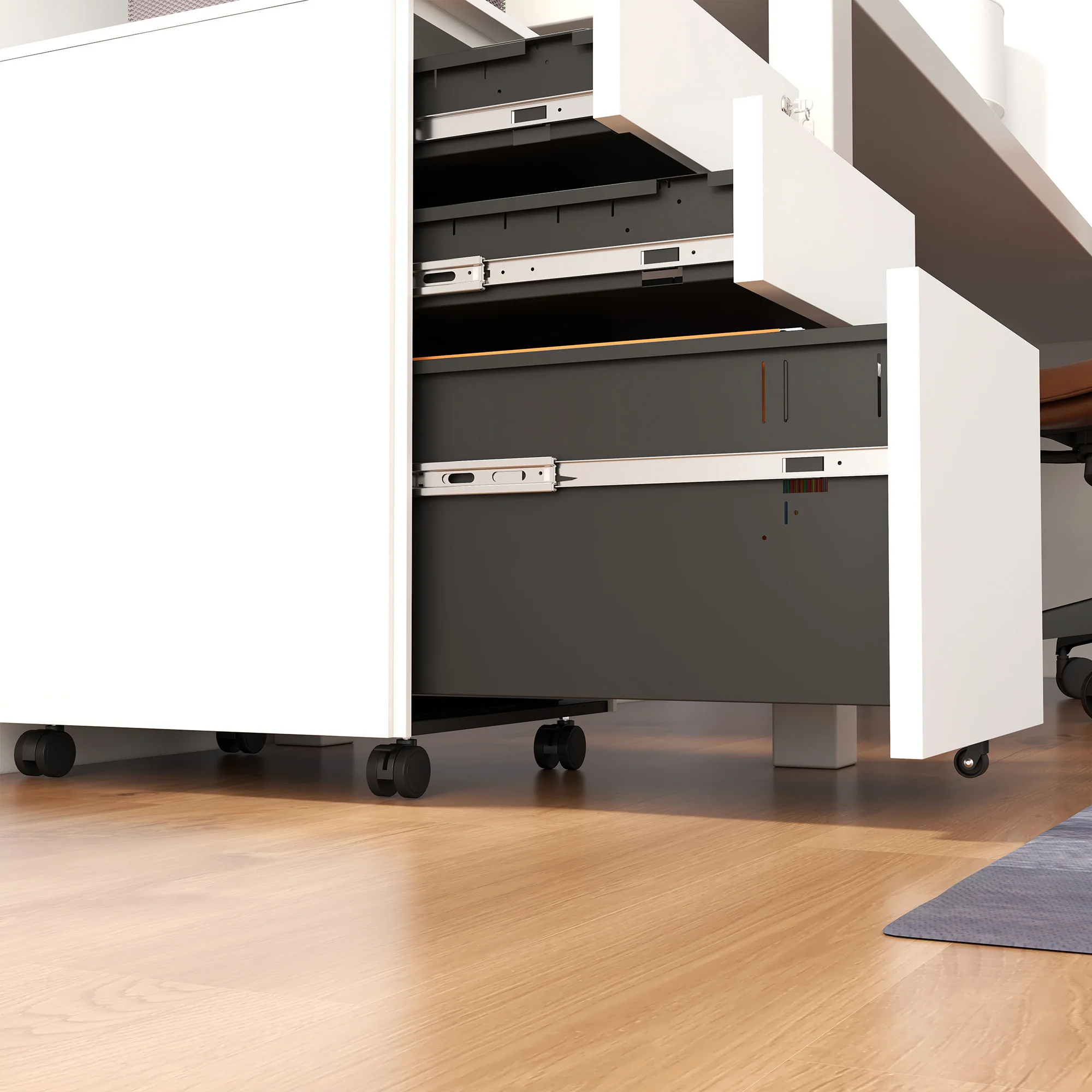 Mobilt arkivskab med 3 skuffer og blyantbakke. Arkivskab i stål med lås. Hvidt