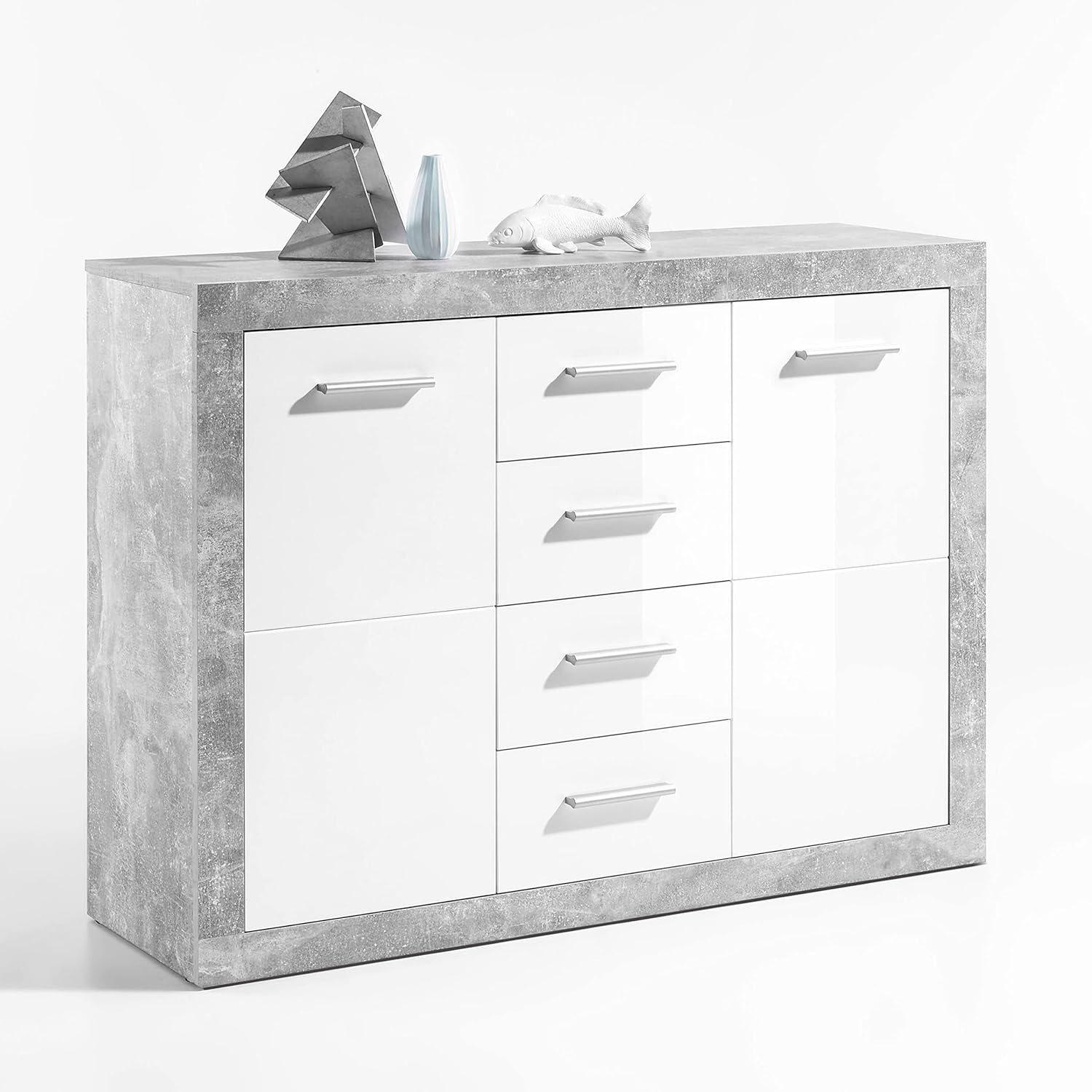 STONE Große Vitrine mit Betonoptik und hochglänzendem Weiß, moderne Vitrine mit LED-Beleuchtung und viel Stauraum, 92 x 194 x 37 cm (B x H x T)