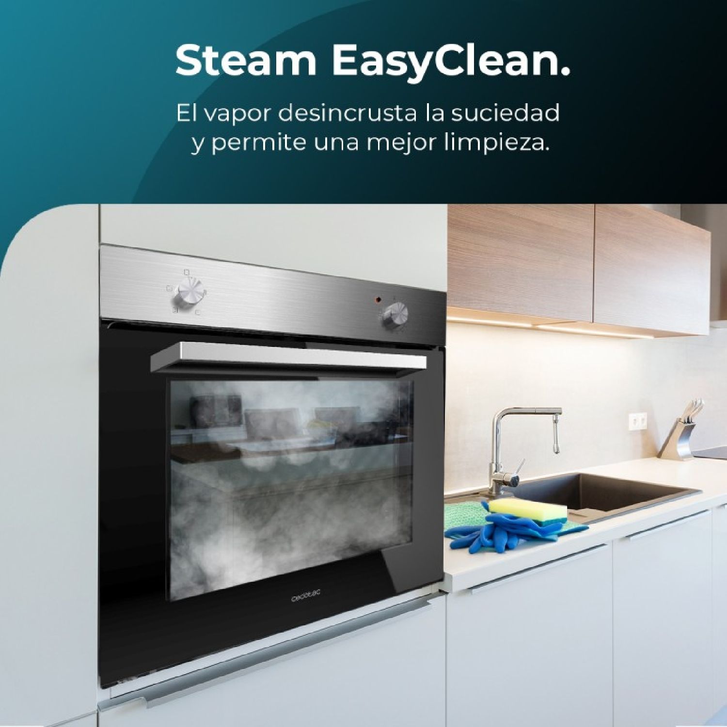 Four encastrable Bolero Hexa C126000 Inox A. 2800 W, capacité de 77 L, 4 fonctions, assistance vapeur, nettoyage vapeur facile, ventilateur de refroidissement, triple vitrage, classe énergétique A, éclairage intérieur [divers].