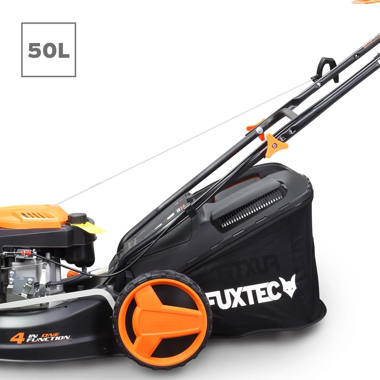 Tondeuse à gazon à essence FUXTEC FX-RM4646ECO, largeur de coupe de 46 cm, puissant moteur à essence de 146 cm³, nettoyage facile, 3 en 1, 2,6 kW, bac de ramassage mulching de 50 l.