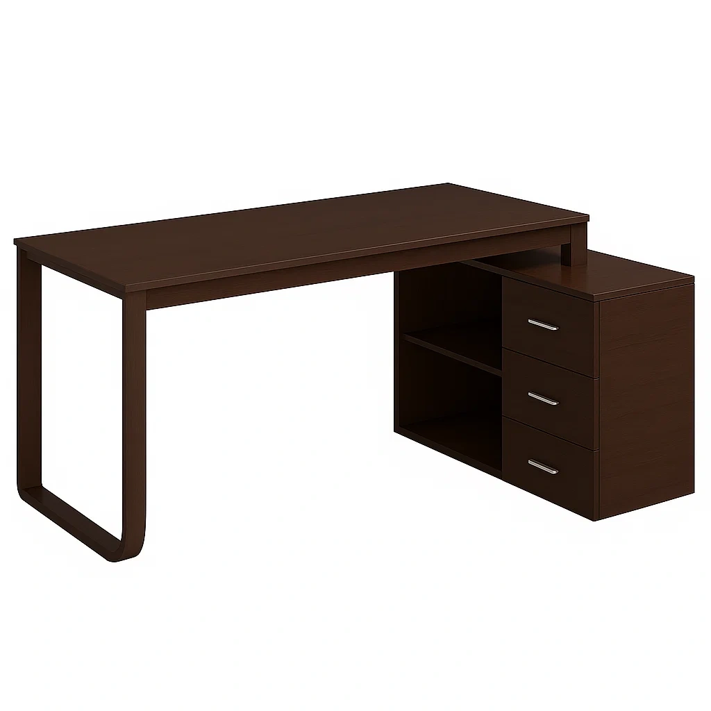Bureau avec étagères et 3 tiroirs, bois foncé, 120 x 60 x 75 cm - iOtvgpl302Ra