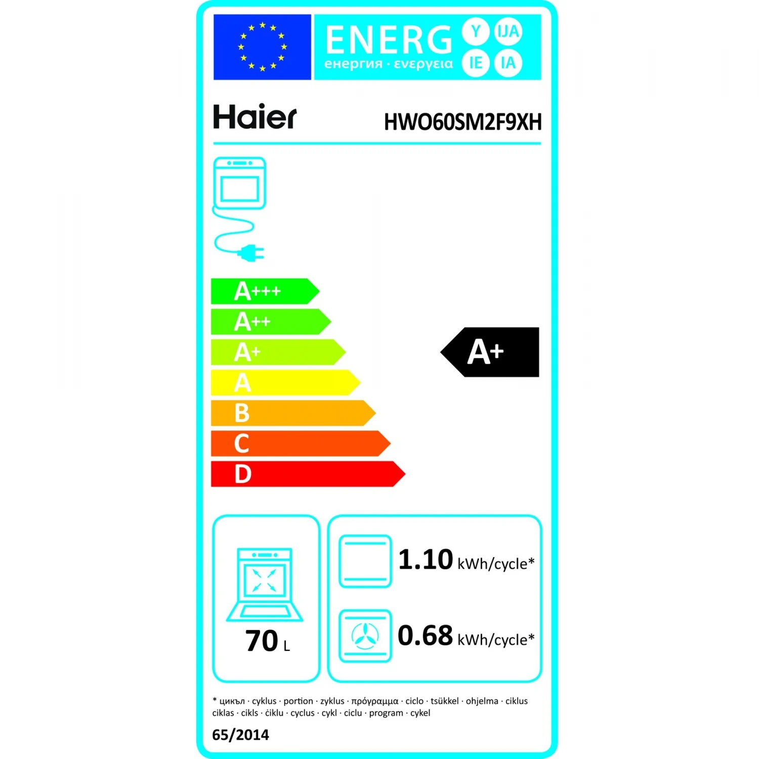 Haier HWO60SM2F9XH Multifunktionsbackofen, 2600 W, 70 l, Klapptür, 13 Kochfunktionen, Energieeffizienzklasse A+ - Edelstahl
