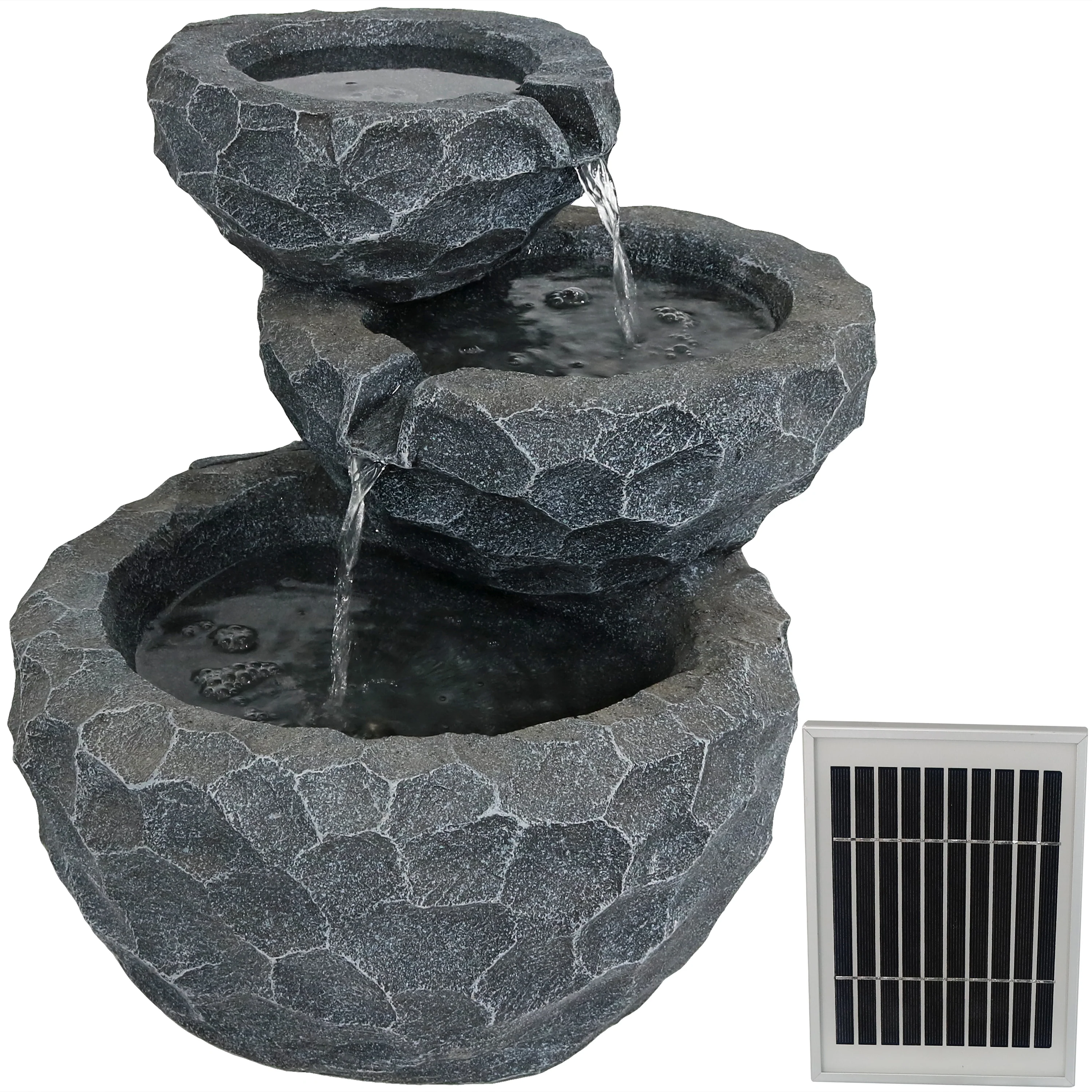 Fontaine solaire Sunnydaze à 3 niveaux (2025) avec bassin sculpté et batterie de secours