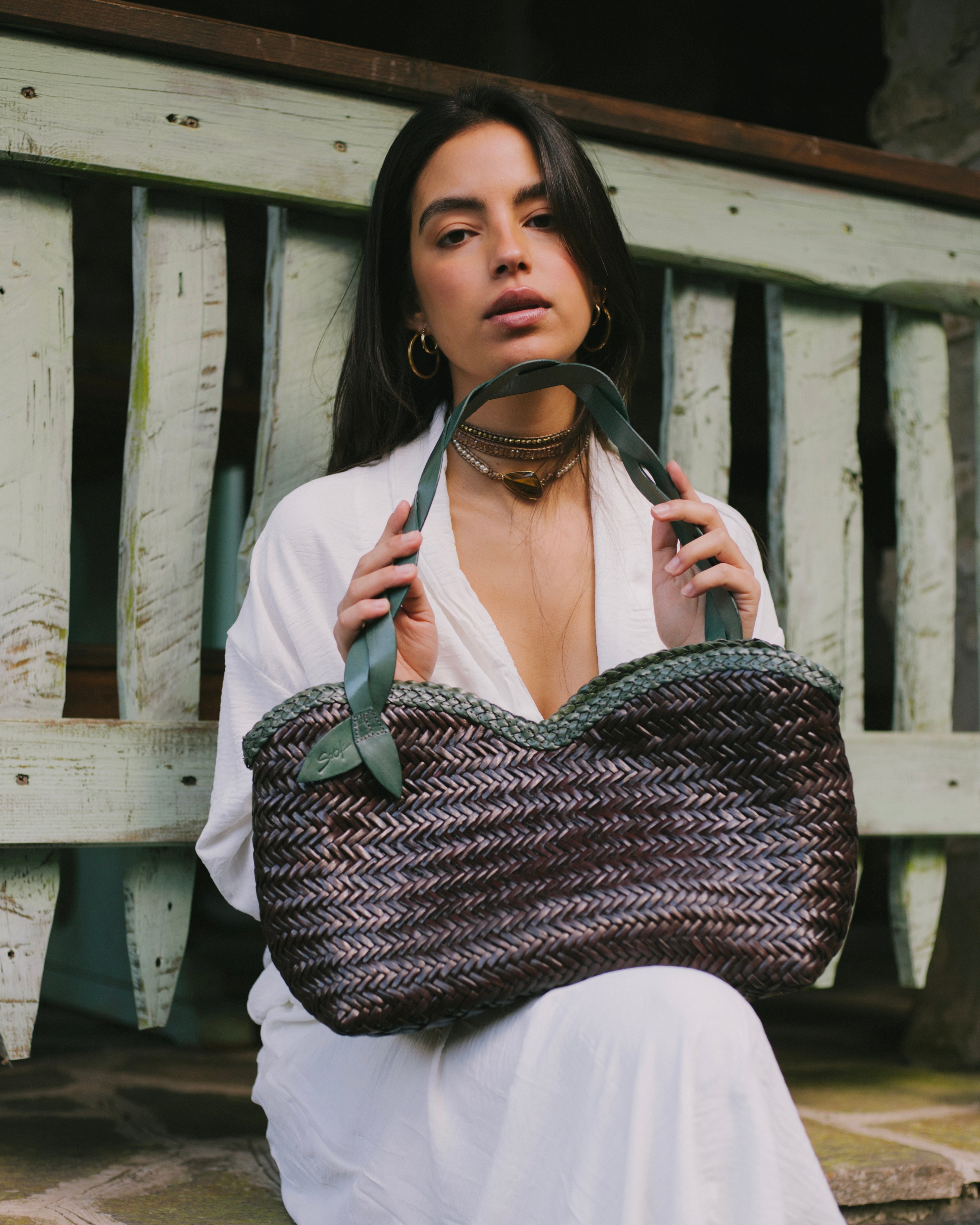 Léafa - Handwoven Leather Shoulder Bag | Green & Coffee
