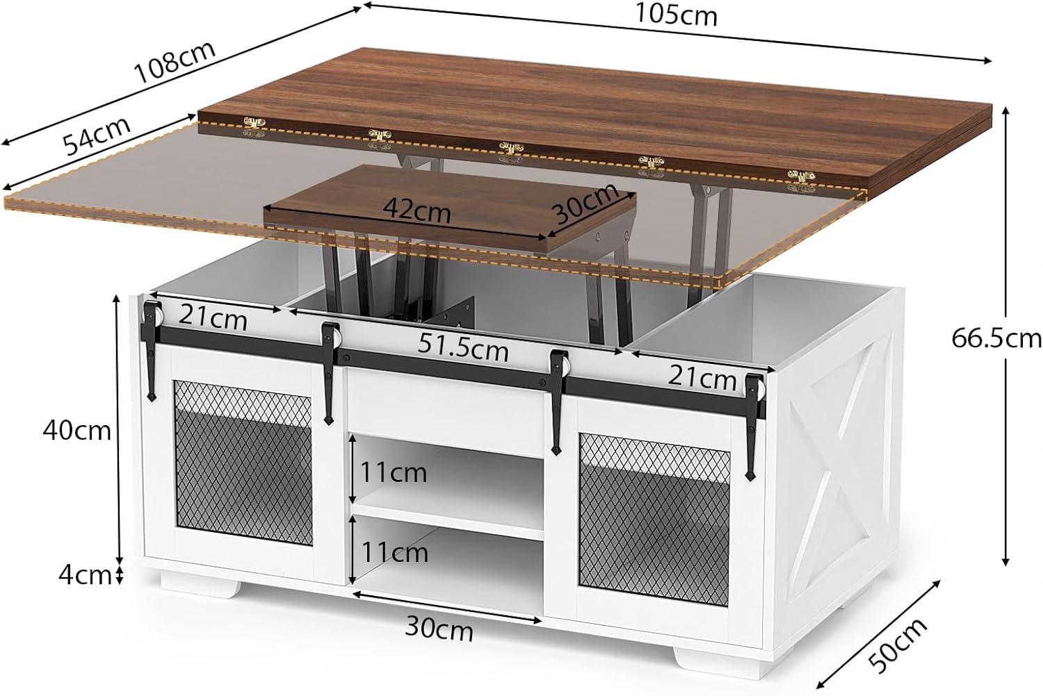 Table basse extensible VOWNER, plateau relevable, multifonctionnelle 3 en 1 avec rangement dissimulé - Salle à manger, convertible, style ferme, noyer