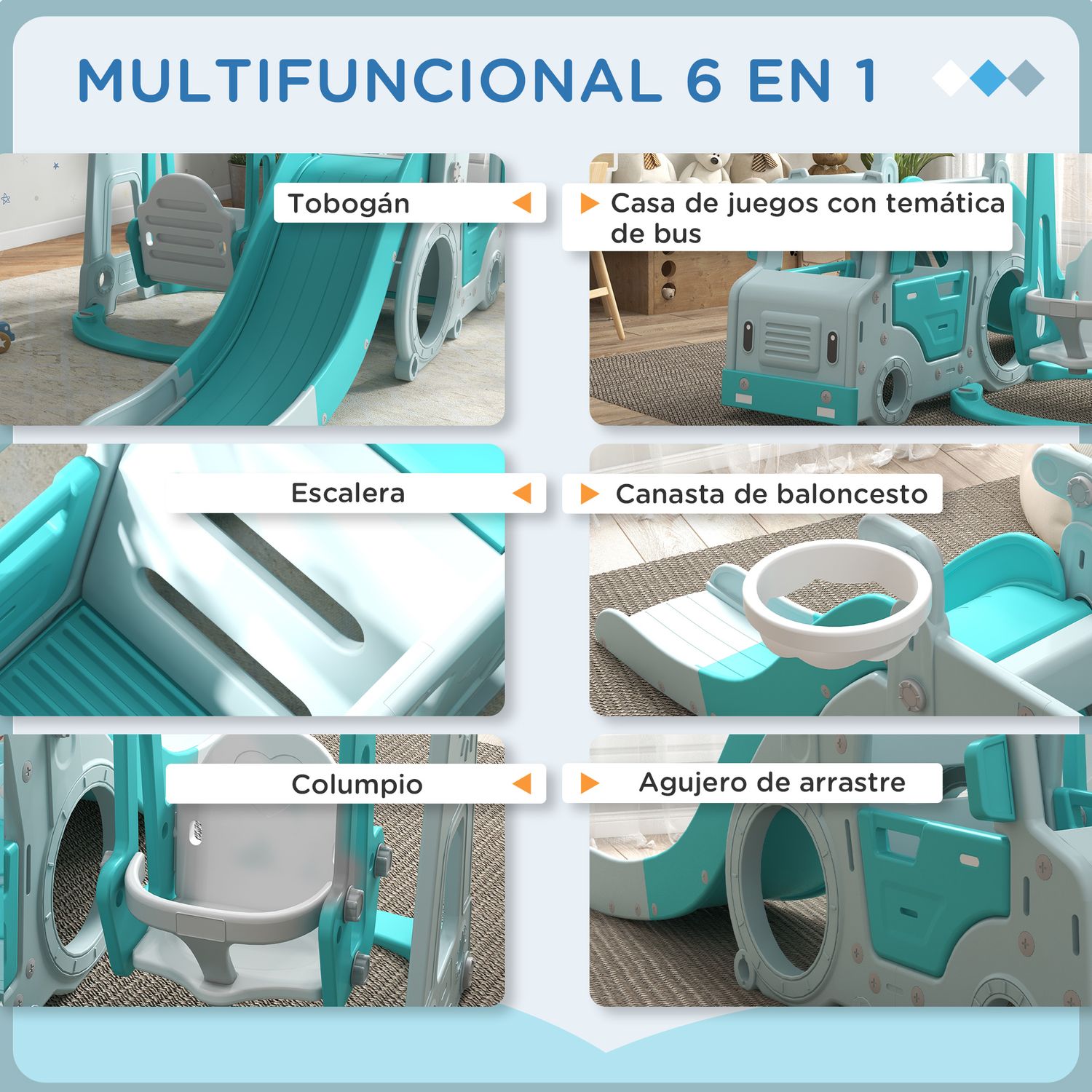 Aiyaplay 6-in-1 Hellblaues Rutschen- und Schaukelset für Kinder