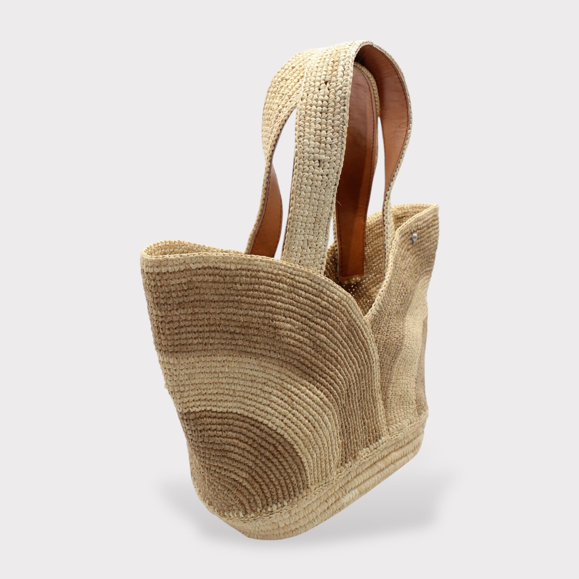 Yasmin - Handmade Natural Raffia Tulip Tote Bag - Khaki